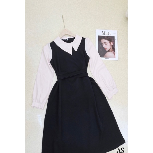 Váy thiết kế xuông có dây đai eo phối cổ lệch tiểu thư siêu xinh | BigBuy360 - bigbuy360.vn