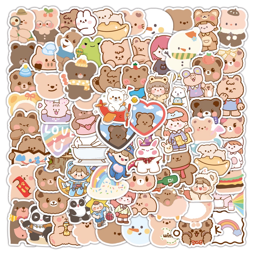 Set 100/50 Sticker Dán Laptop/Xe Đạp Hình Gấu Dễ Thương