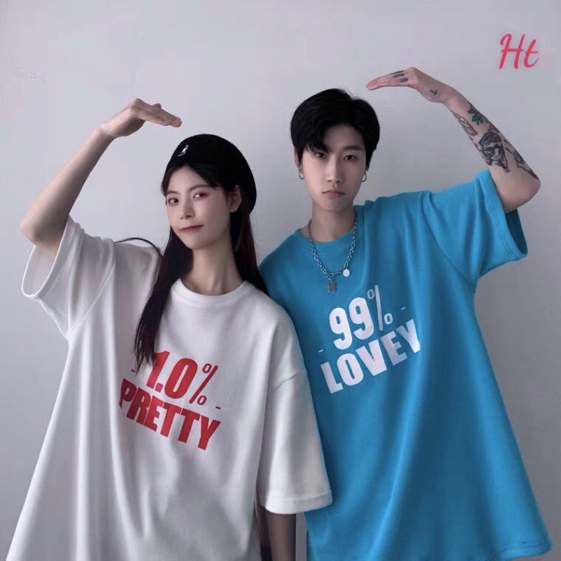 Set 2 áo đôi nam nữ Love 99%, áo đôi unisex tay lỡ dáng rộng