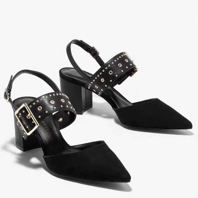 Sandal cnk mũi nhọn quai bản to viền đinh gót trụ xuất dư fullbox