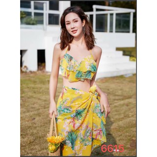 Đồ bơi đi biển, áo tắm bikini kèm khăn choàng họa tiết hoa lá6615