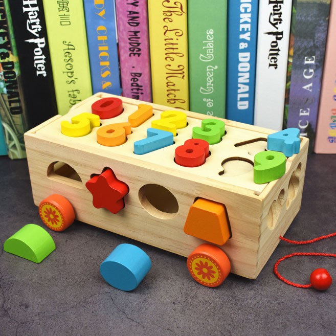 Đồ chơi giáo dục xe kéo gỗ thả hình khối chữ số - Giúp bé học toán phân biệt màu sắc phát triển tư duy Kagonk