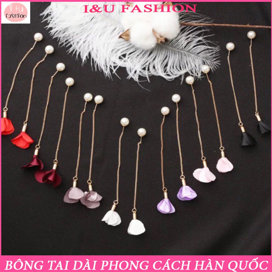 Bông tai Khuyên tai thả dài mảnh hình hoa tuylip vải hạt ngọc nhiều màu phong cách Hàn quốc nữ tính nhẹ nhàng KT-01