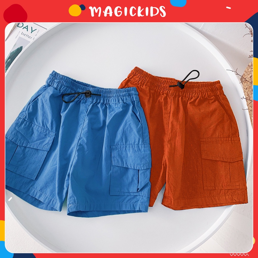 Quần đùi short kaki ngắn cho bé trai 1 2 3 4 5 6 7 tuổi túi ốp dây rút cá tính Magickids Quần áo trẻ em QĐ22004