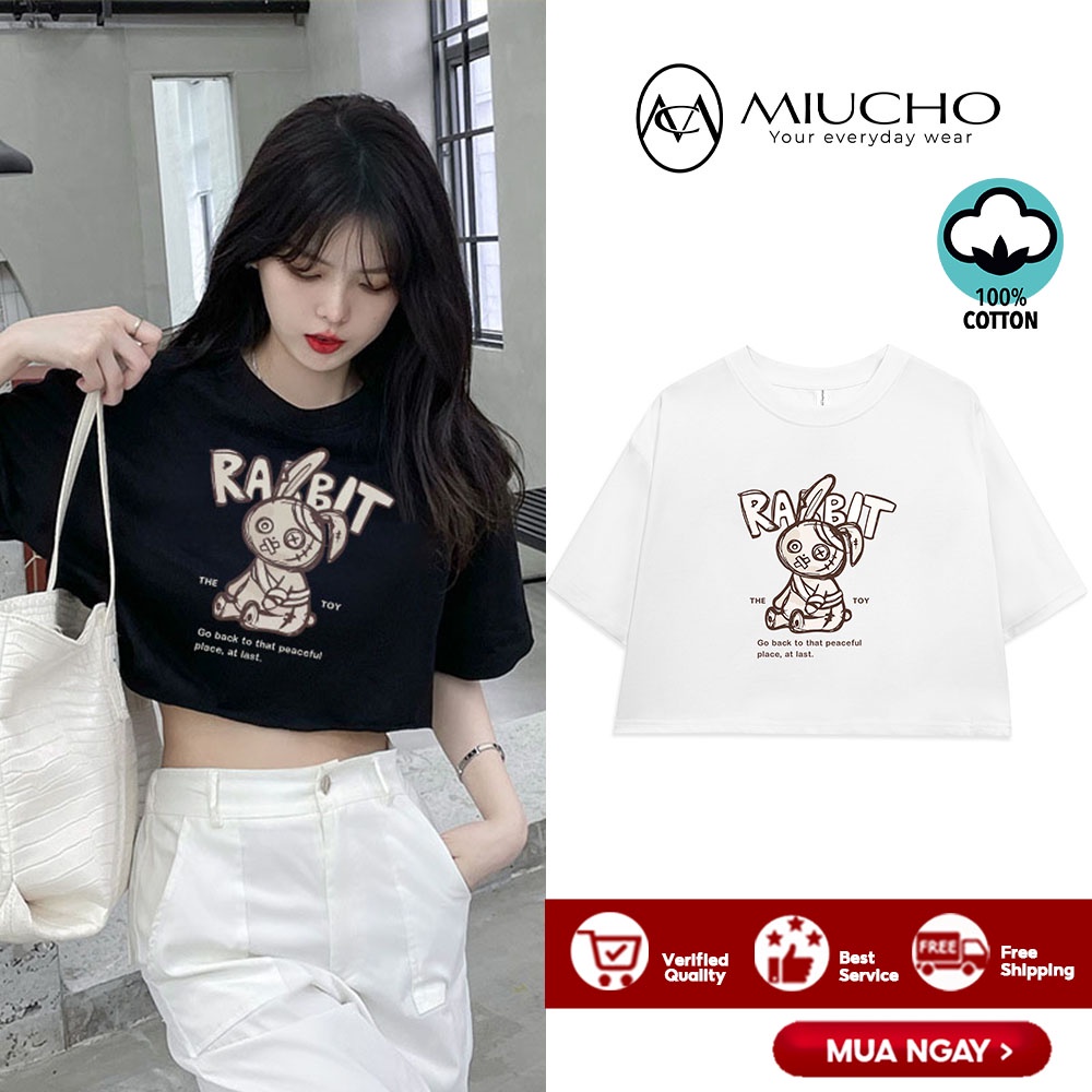 Áo croptop nữ tay ngắn cổ tròn vải thun cotton kiểu hàn quốc CR034 Miucho in hình hoạ tiết