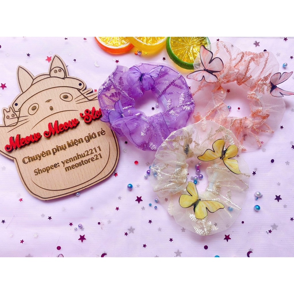 ❣Ảnh+Video thật❣Scrunchies Dây Cột Tóc Chun Tóc Bướm Vải Ren 1 Lớp Hot Trend
