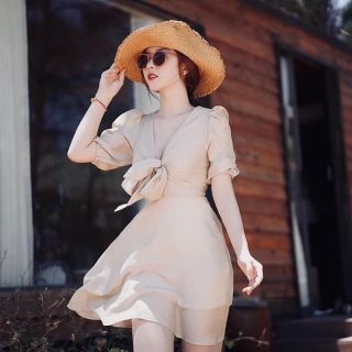 Đầm xòe tiểu thư tay phồng cột nơ ngực + Ảnh thật