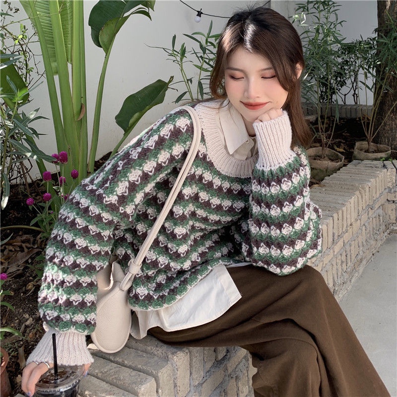 Áo sweater Cổ Tròn Dáng Rộng Phối Màu Tương Phản Thời Trang Thu Đông Cho Nữ