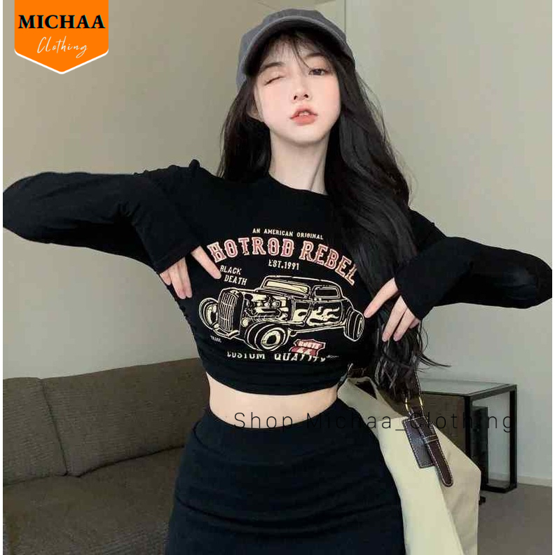 Áo Croptop Ôm Body Nữ HOTROD REBEL Tay Dài Cổ Tròn, Áo Thun Croptop Kiểu In Họa Tiết - MICHAA CR96