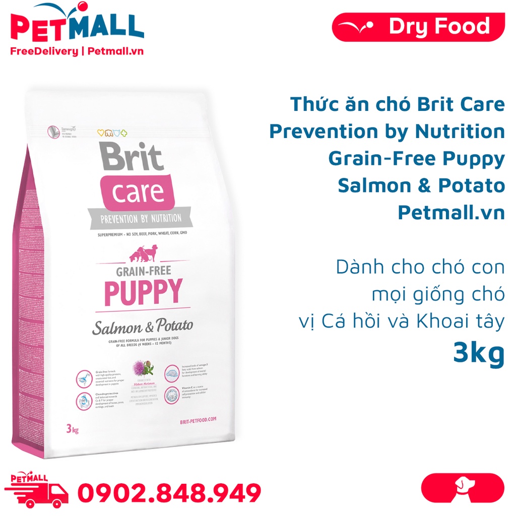 Thức ăn chó Brit Care Prevention by Nutrition Grain-Free Puppy Salmon&Potato 3kg-Dành cho chó con mọi giống chó Petmall