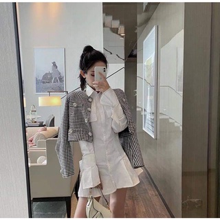 Blazer dạ kẻ dáng ngắn