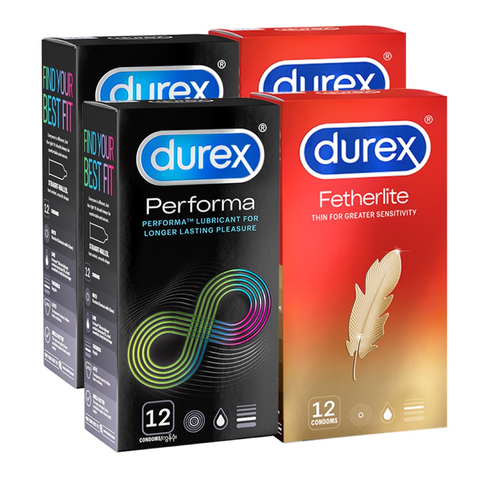 Bộ 2 hộp bao cao su Durex Performa kéo dài thời gian size 52mm và 2 Durex Fetherlite siêu mỏng size 52.5mm, hộp 12 bao