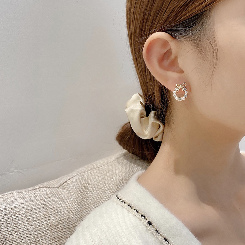 Khuyên tai XIAOBOACC bạc 925 phối hình nơ đính ngọc trai thời trang cho nữ