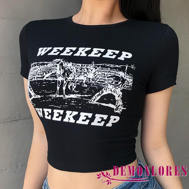 Áo croptop tay ngắn cổ tròn hoạ tiết chữ in dành cho nữ