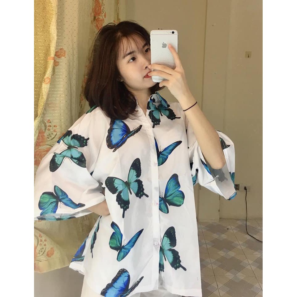 Áo sơ mi ulzzang họa tiết bướm to thời trang nam nữ hàn quôc/ Áo sơ mi tay lỡ cúc bấm phom unisex trẻ trung_kudoshop