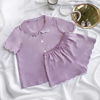 Lilas Blanc Bộ Pijama Lụa Ngắn Tay Phối Quần Ngắn Xanh Tím Rêu Viền Lụa Trắng Đồng Chi Tiết Viền Sóng BST Mùa Xuân Hè 21