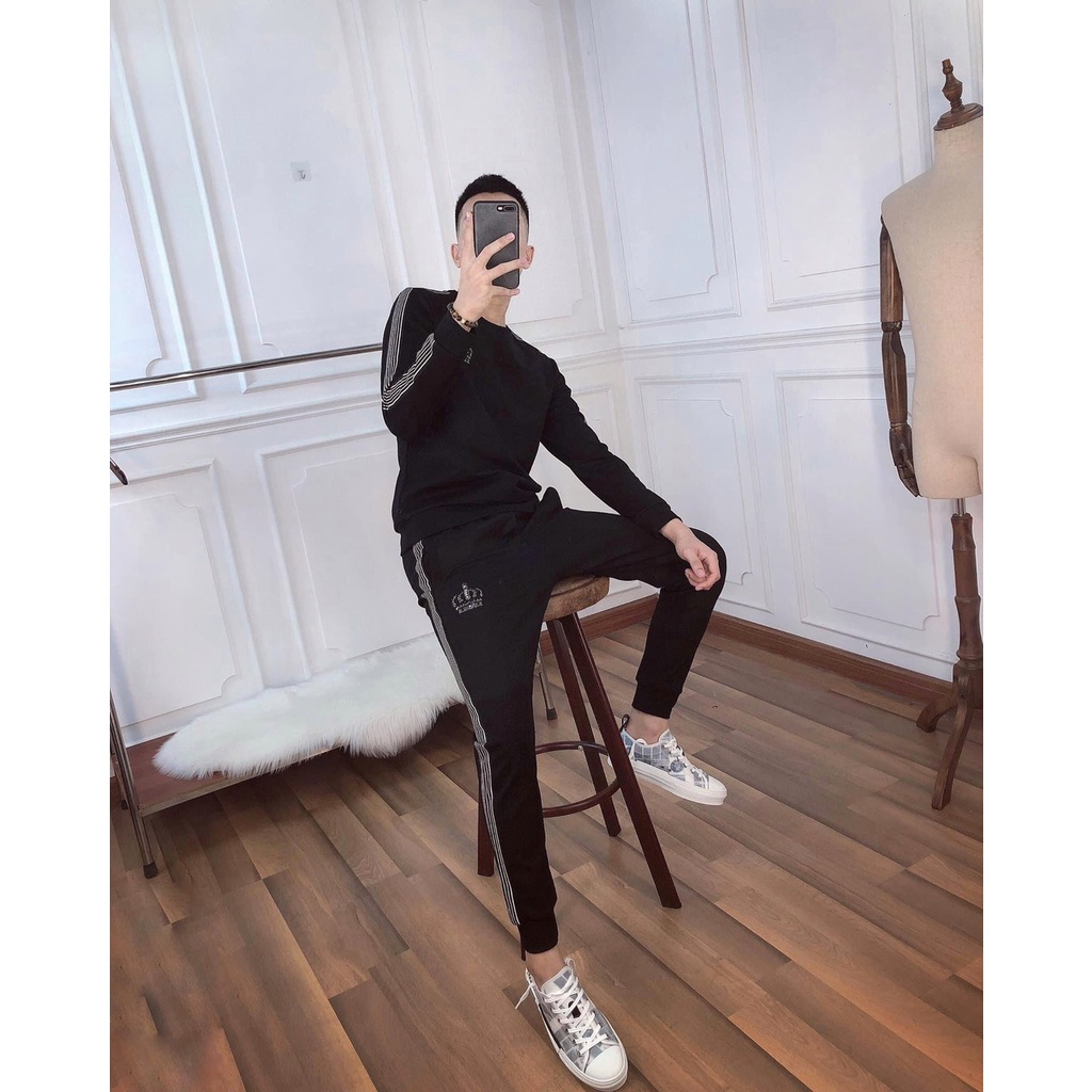 Bộ nỉ thể thao vương miện phối sọc phong cách trẻ trung năng động