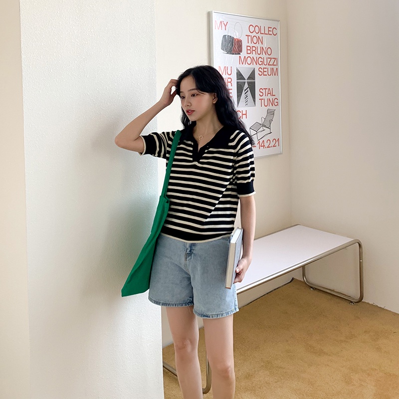 Áo thun nữ Ngắn tay Kẻ Sọc ngang Chất lụa băng Cổ V Form rộng Có Cổ bẻ POLO Áo phông nữ Tay ngắn Thời trang | BigBuy360 - bigbuy360.vn