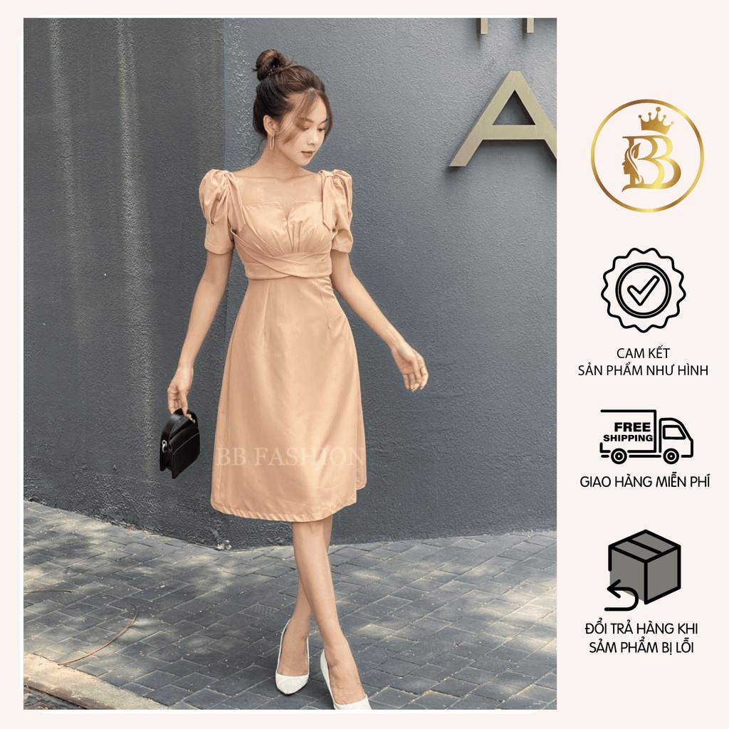 Váy dây chéo ngực tay bồng cổ vuông, Đầm nữ mini hàng thiết kế chất chéo hàn cao cấp mềm mịn không nhàu V054