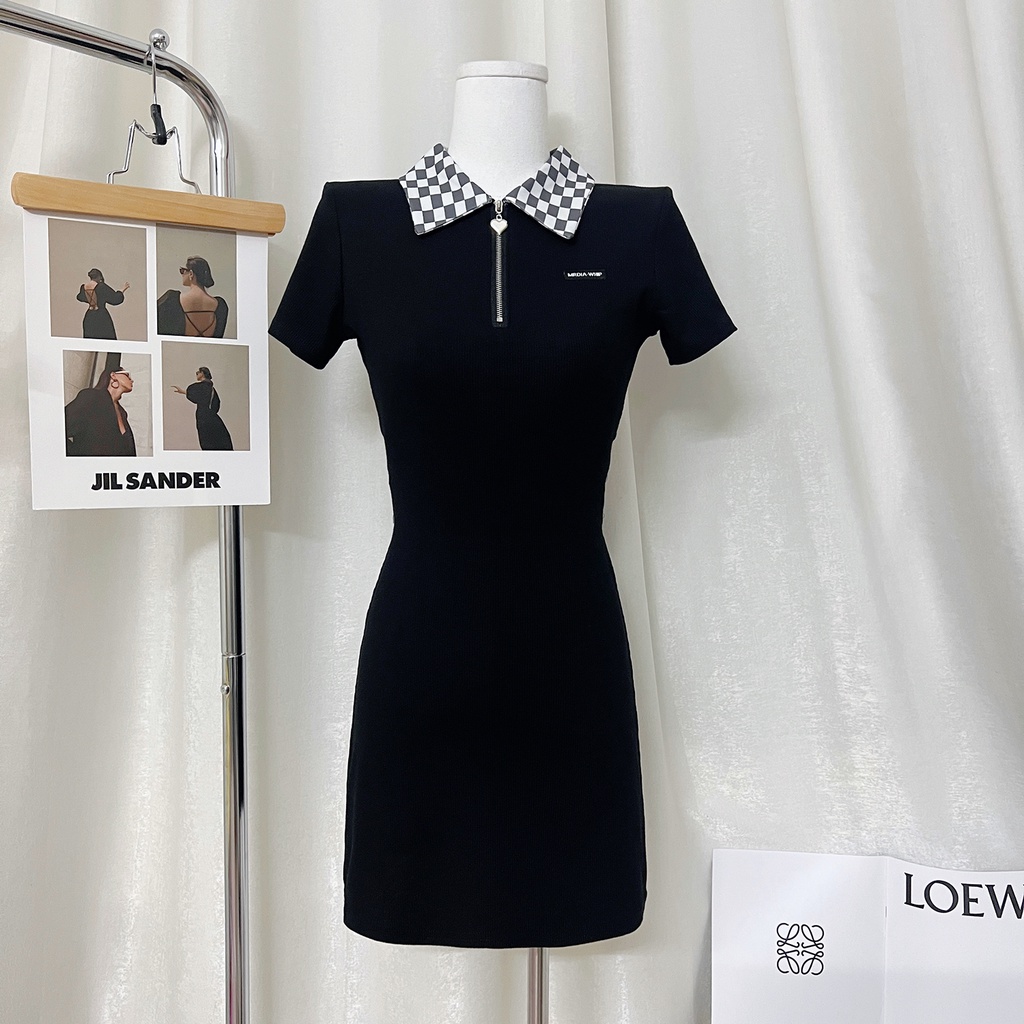 Đầm Dệt Kim Tay Ngắn Cổ POLO Dáng Ôm Họa Tiết Kẻ Sọc Thời Trang Hàn Quốc Quyến Rũ Cho Nữ