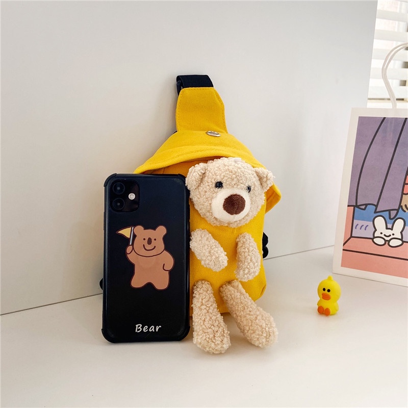 Túi Đeo Chéo Ngực Vải Canvas Mini Hình Gấu Dễ Thương Cho Bé