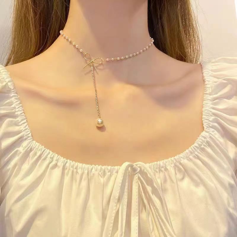Vòng Cổ Chuỗi Ngọc Trai Thắt Nơ Phong Cách Hàn Quốc Độc Đáo Cho Nữ