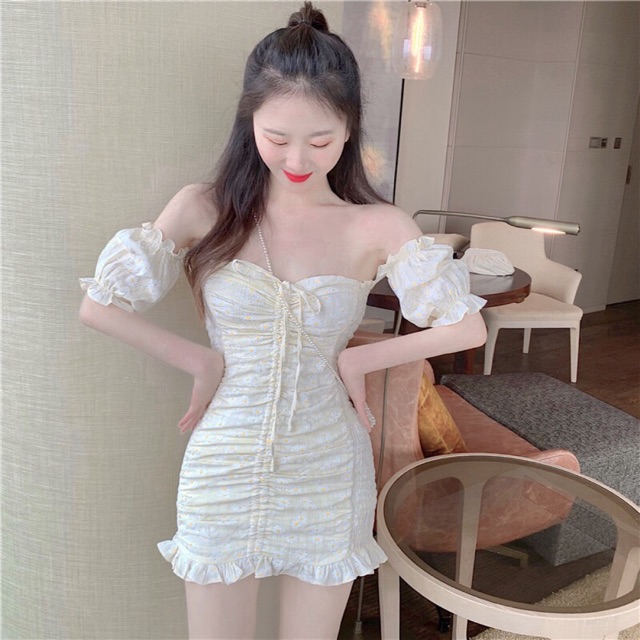 [VÁY BODY TRỄ VAI HOẠ TIẾT HOA CÚC SIÊU PHẨM]