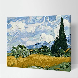 Tranh sơn dầu số hóa tự tô màu theo số có khung - ĐỒNG LÚA MÌ VÀ CÂY BÁCH (40*50)