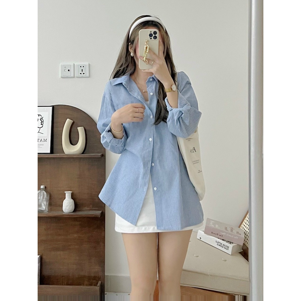Áo sơ mi kẻ chất thô oversize, áo kiểu