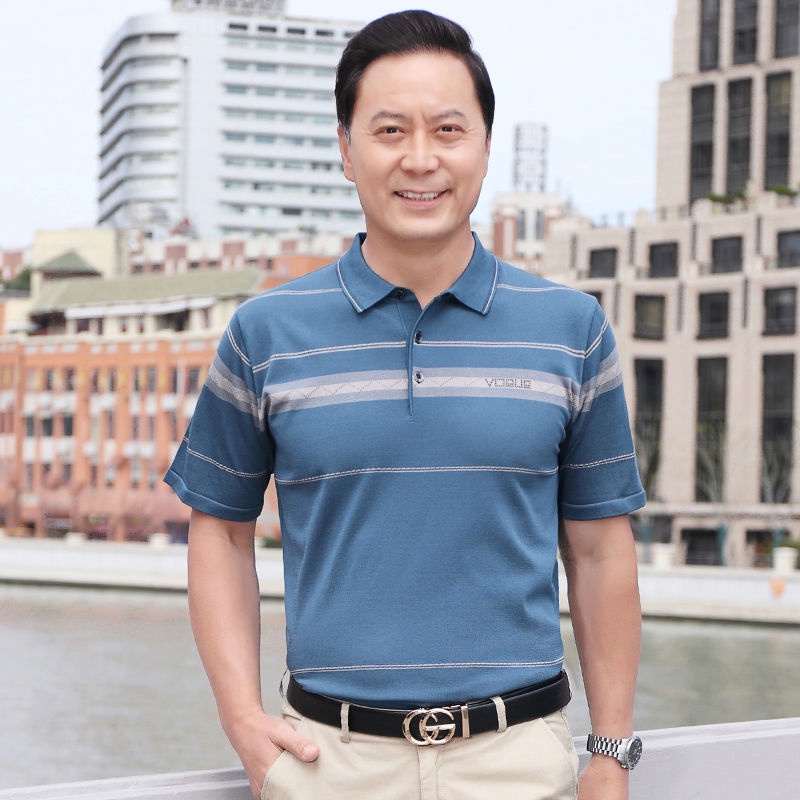 Baju Áo Thun baju T lelaki murahDad Tay Ngắn Bằng Lụa Lạnh Thời Trang Mùa Hè Cho Đàn Ông Trung Niên Gran