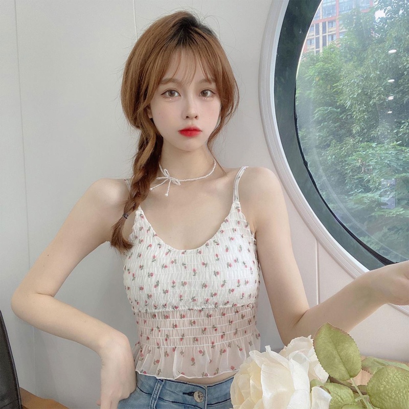 Brroa Áo Croptop Nhún Bèo Họa Tiết Hoa Phong Cách Pháp Thời Trang Cho Nữ