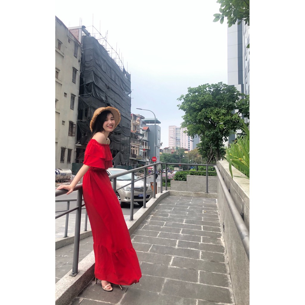 Maxi trể vai bèo gấu bèo ngực chun eo sexy