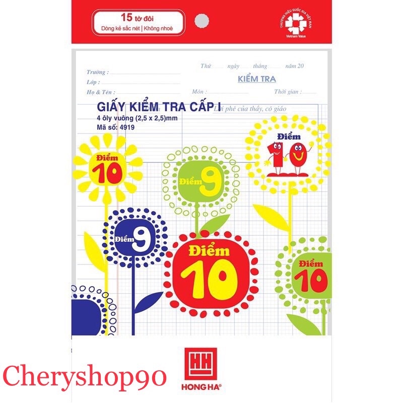 Tệp Giấy kiểm tra cấp 1 Hồng Hà 4 ô ly 4919(15 tờ đôi)Hàng loại 1