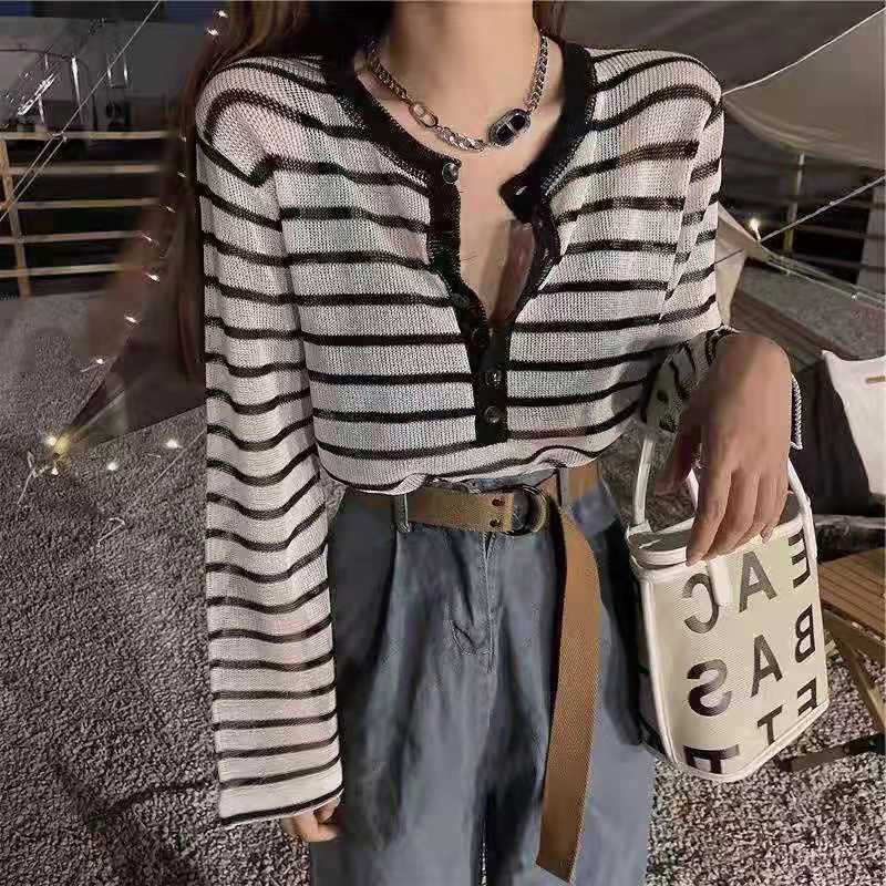 Áo Sơ Mi Mỏng Dáng Rộng Kẻ Sọc Trắng Đen Thời Trang Mùa Hè Cho Nữ