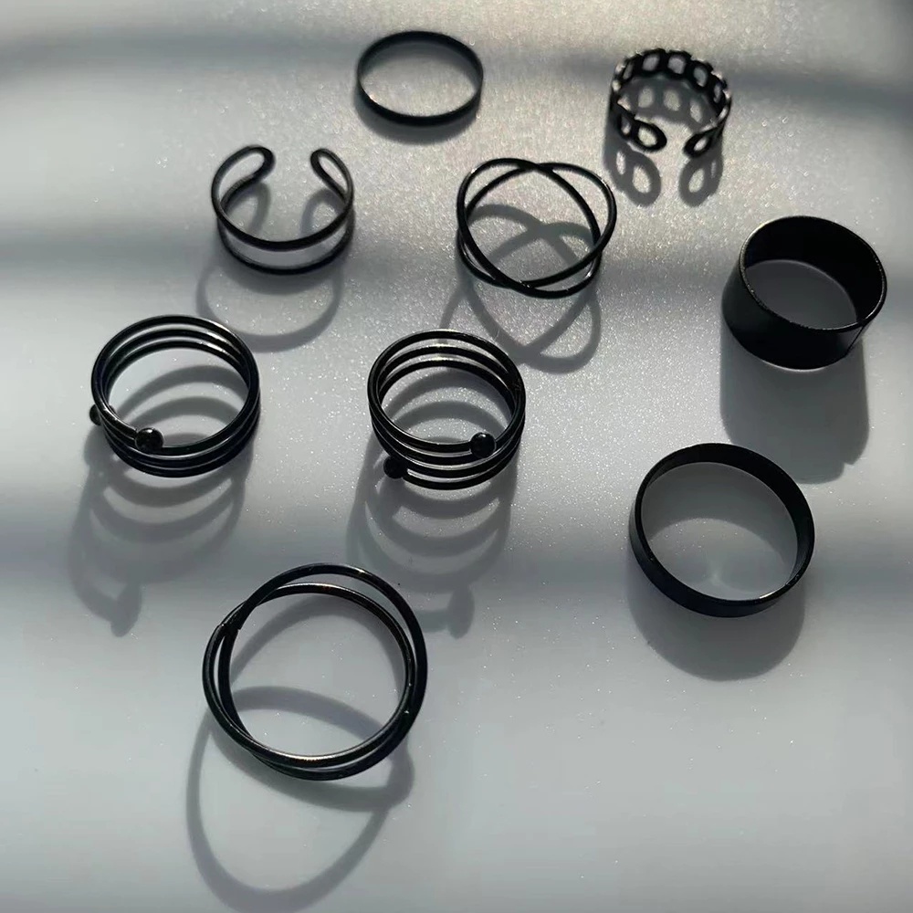 Set 3/6 Nhẫn Hở Màu Đen Trơn Mỏng Phong Cách Punk Vintage Có Thể Điều Chỉnh