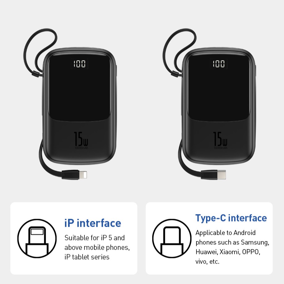 Sạc Dự Phòng Baseus Type C 15w Mini Tích Hợp Cáp Di Động Cho Iphone 10000mah