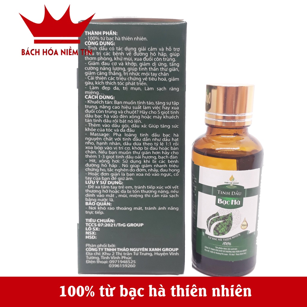Tinh dầu Bạc Hà giúp khử mùi thơm phòng, tăng khả năng tập trung , tỉnh táo xả stress - chai thủy tinh cao cấp 30ml