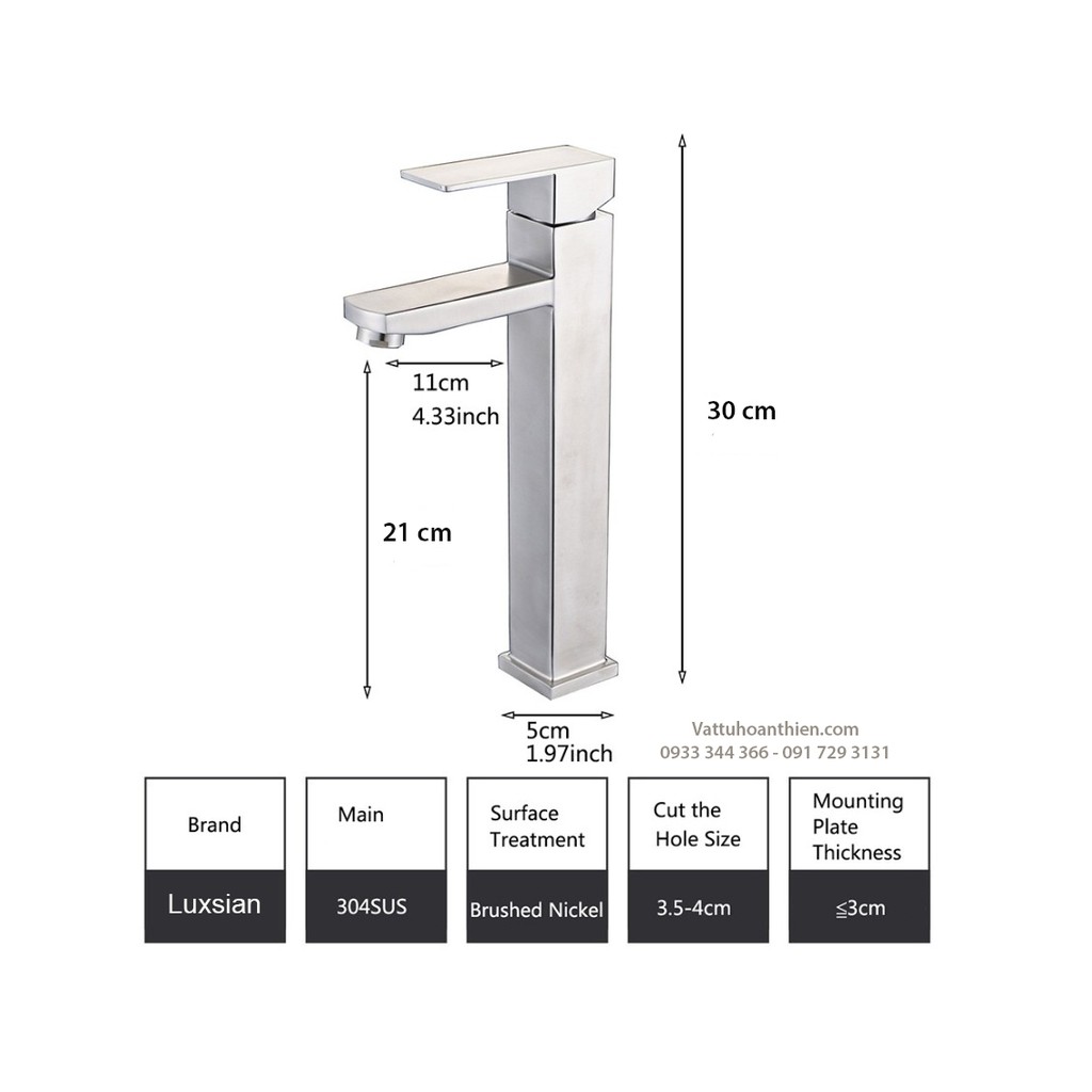 VÒI LAVABO NÓNG LẠNH INOX 304 CAO CẤP MẪU VUÔNG 30CM