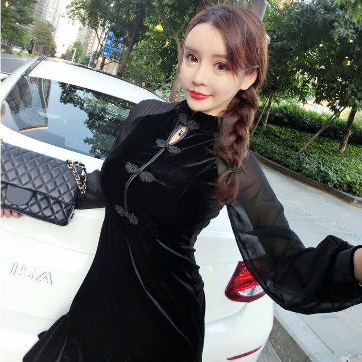 Đầm đen dáng xòe cổ tàu nữ tay dài Emilyshop