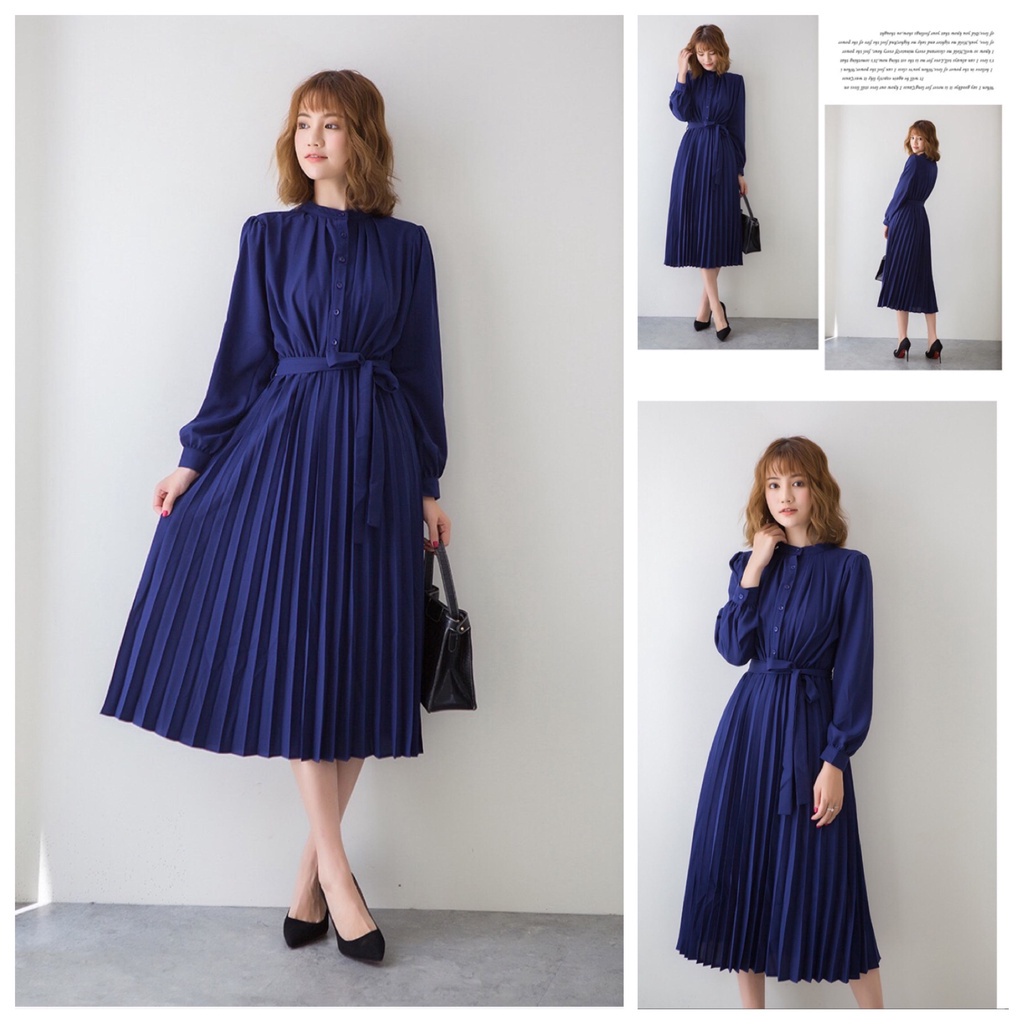 Đầm Voan Xếp Li Tay Dài Phong Cách Nhật Bản (4 Màu) Dress