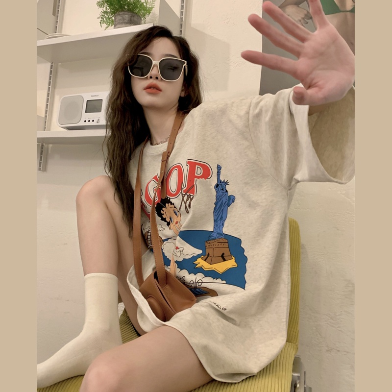 NRVP Áo Thun Nữ Dáng Dài Rộng Tay Ngắn Phong Cách Thời Trang Đường Phố Hàn Quốc