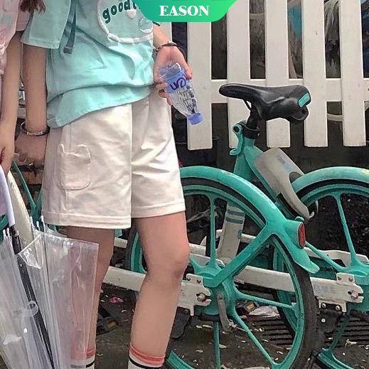 Quần Short Cotton Ống Rộng Màu Trơn Phối Túi Hình Gấu Dễ Thương Phong Cách Nhật Bản Thời Trang Mùa Hè Cho Nữ