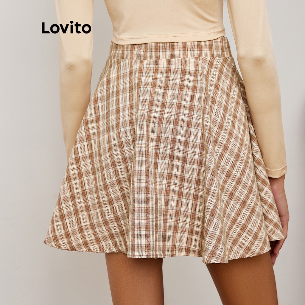 Chân váy chữ A Lovito in caro thường ngày L19D339 (màu quả mơ)