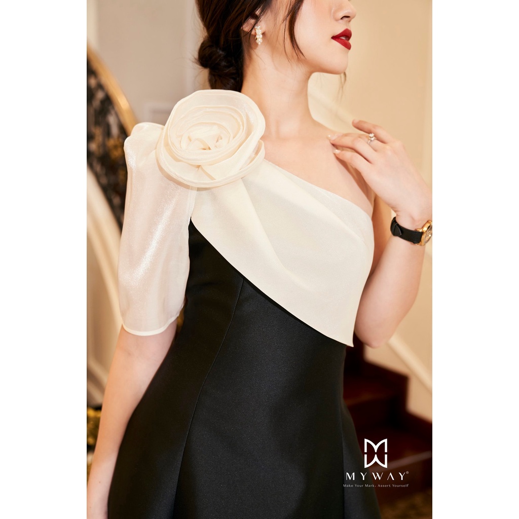 Đầm Dự Tiệc Nữ MY WAY Lệch Vai Dáng Xòe Đen Sang Trọng 9MD0904