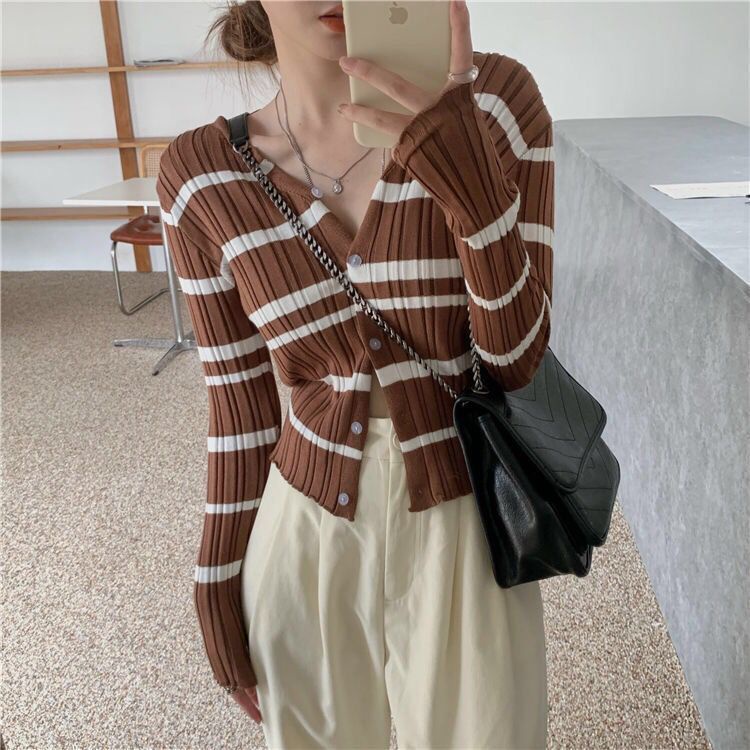 Áo cardigan dệt kim tay dài ôm dáng vừa vặn cổ chữ V họa tiết kẻ sọc thời trang dành cho nữ