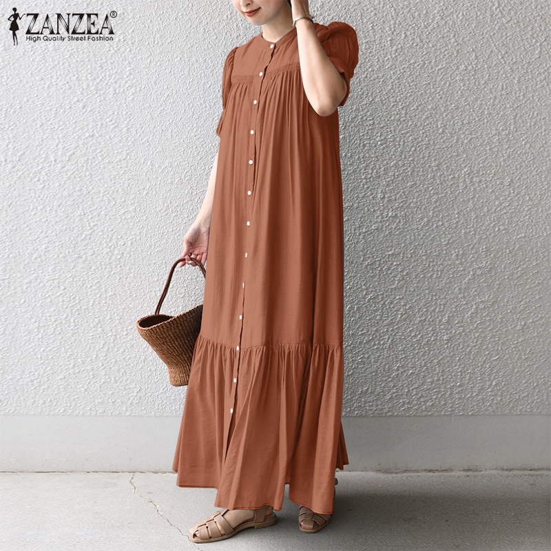 Đầm dài ZANZEA cổ tròn tay ngắn xếp ly màu trơn đơn giản thời trang cho nữ