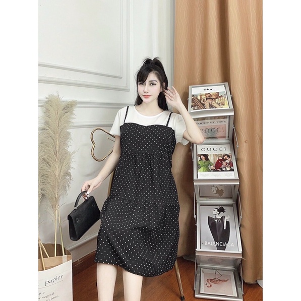 Váy đầm yếm bầu mùa hè chấm bi kẻ burbery chất siêu mát công sở đi chơi (Yếm liền)