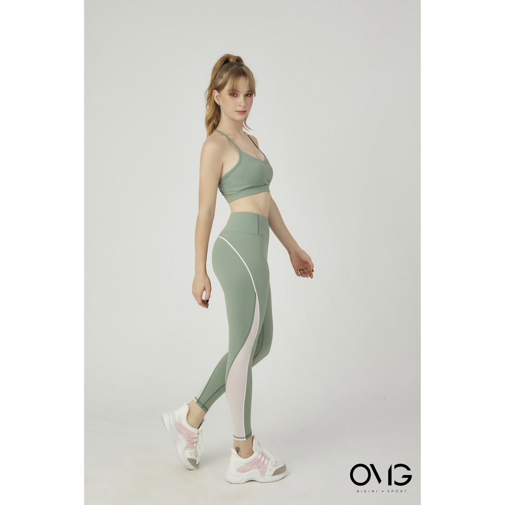 Bộ đồ tập Gym, Yoga Nữ OMG Sport kiểu quần dài phối lưới áo bra- màu Xanh rêu - BG097_MS