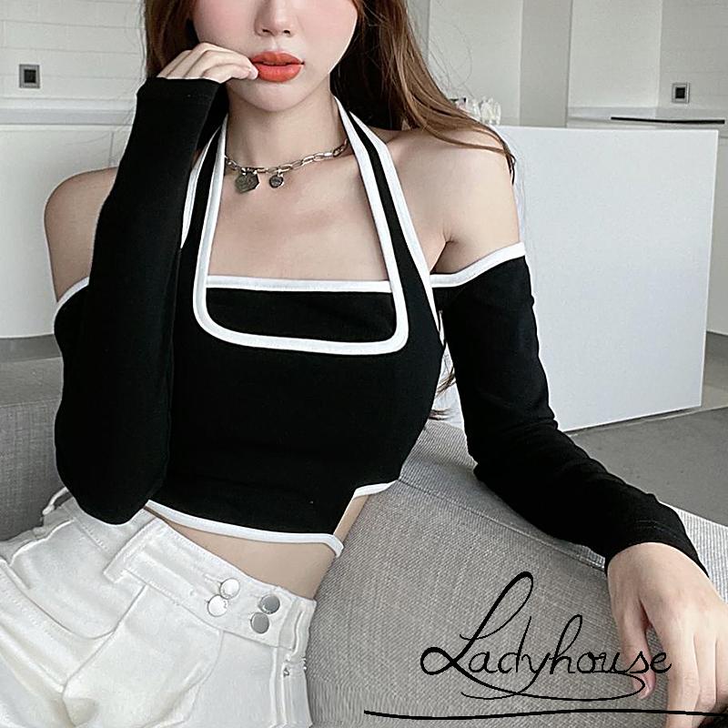 Áo Thun Croptop Giả Hai Mảnh Tay Dài Hở Vai Màu Xám/Đen Thời Trang Xuân Hè Dành Cho Nữ