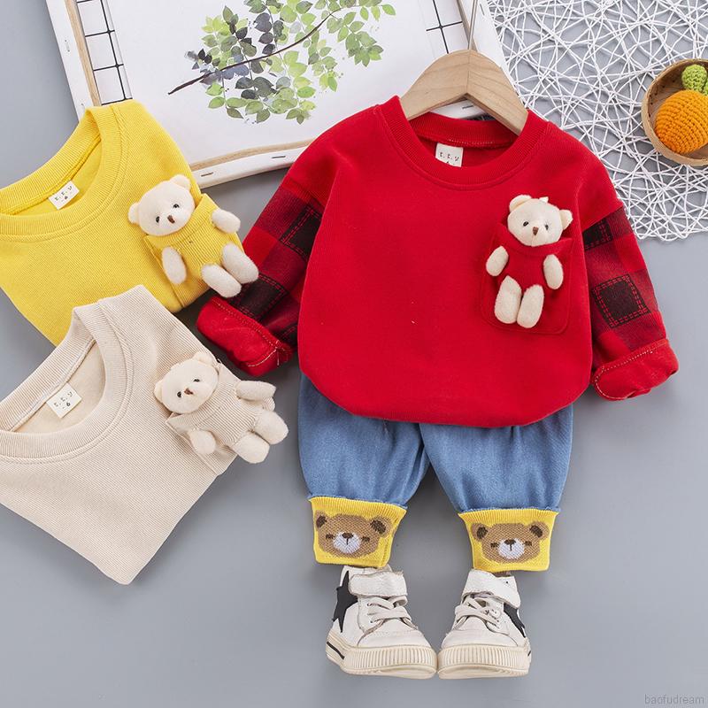 Bộ 2 Món Áo Thun Tay Dài & Quần Dài In Hình Gấu Dễ Thương Xinh Xắn Cho Bé Trai